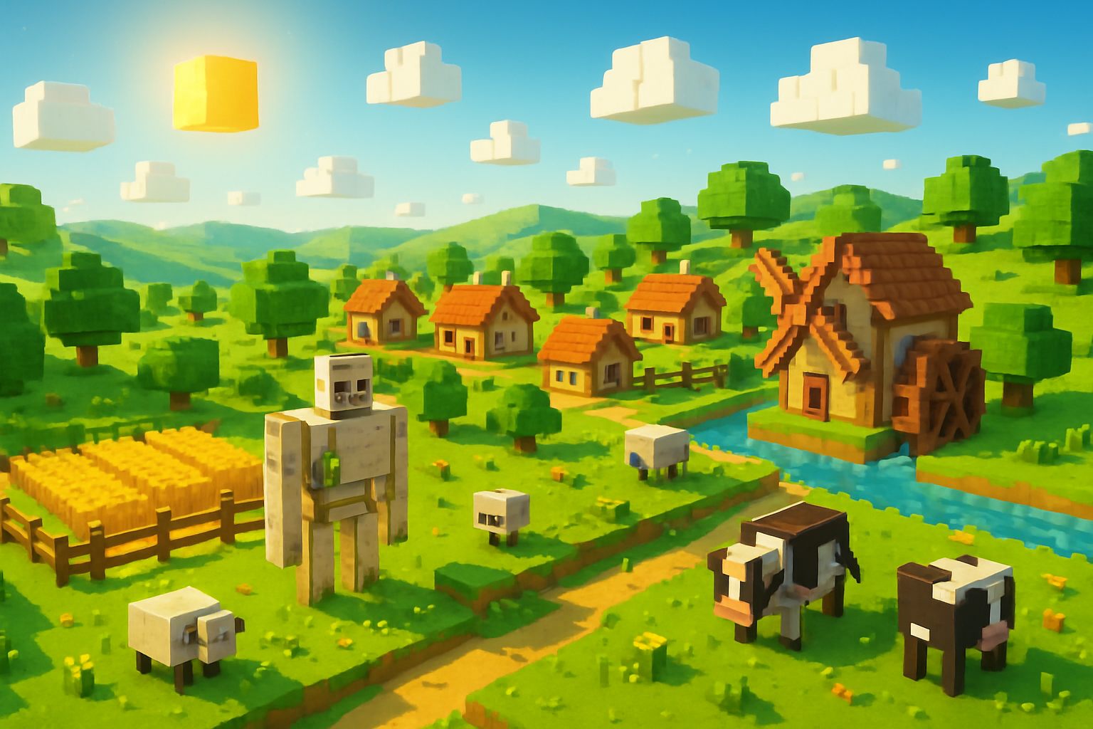 Voxel landscape with farms